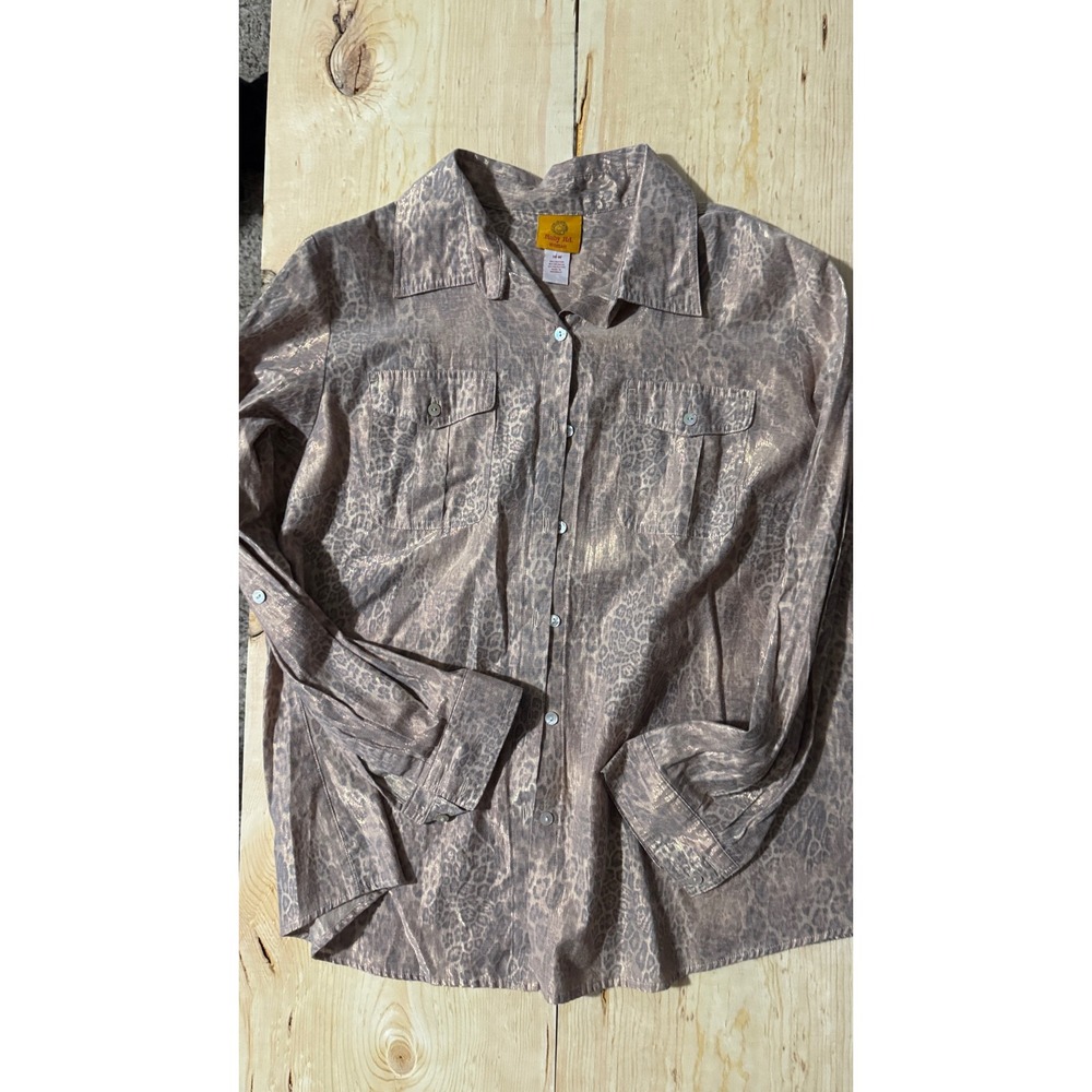 Ruby Rd Woman 16W Gray Gold Metallic Leopard Print Button Down Shirt Long Sleeve